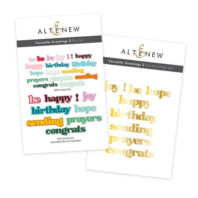 Altenew Versatile Greetings 2 hot foil plate and die bundle for card making and craft projects.