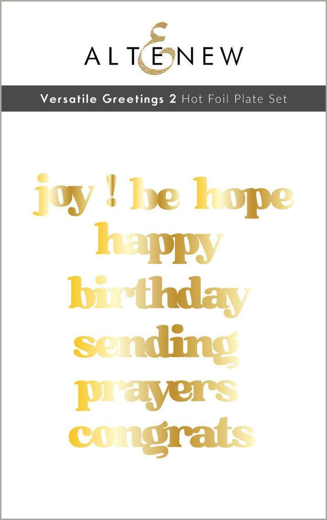 Altenew Versatile Greetings 2 hot foil plate and die bundle for creating elegant greeting cards and craft projects.
