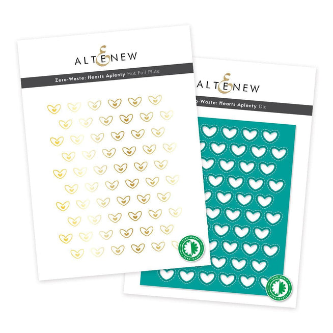 Altenew Zero Waste Hearts Aplenty hot foil plate and die bundle for crafting, featuring heart-shaped designs on a white background.