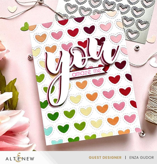 Altenew Zero Waste Hearts Aplenty hot foil plate and die bundle for crafting, featuring heart-shaped designs on metallic foil.