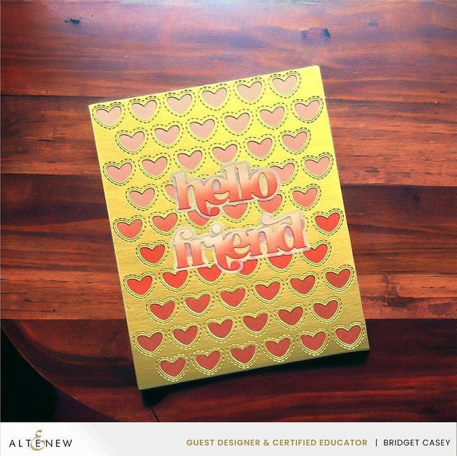 Altenew Zero Waste Hearts Aplenty hot foil plate and die bundle with heart patterns on metallic foil, ideal for card making and crafts.