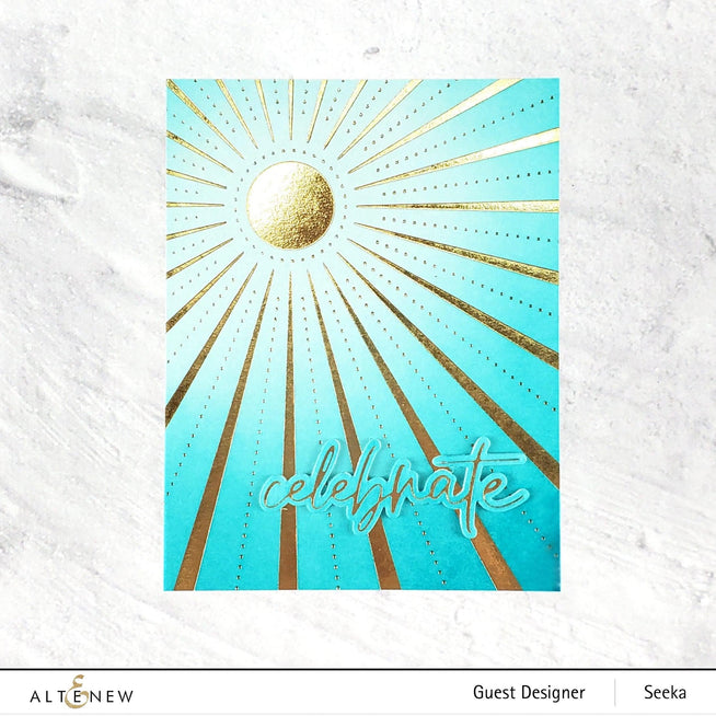 Altenew Here Comes the Sun Hot Foil Plate with sun and floral designs for crafting and card-making projects.