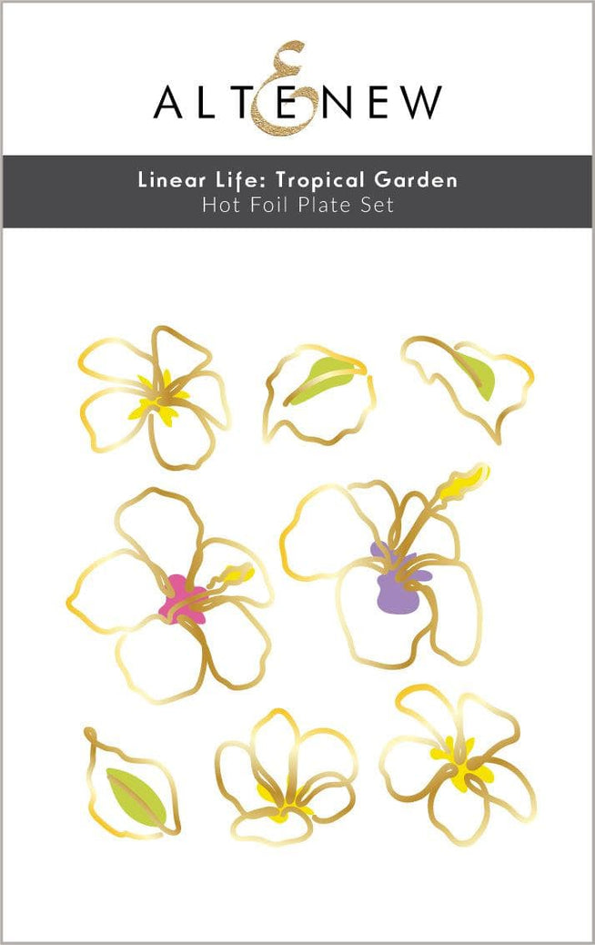 Altenew Linear Life Tropical Garden Hot Foil Plate Set featuring intricate tropical plant designs for foil stamping projects.
