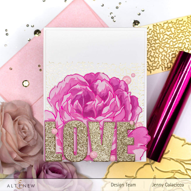 Altenew Gilded Rose hot foil plate and stencil bundle with intricate rose design on silver background