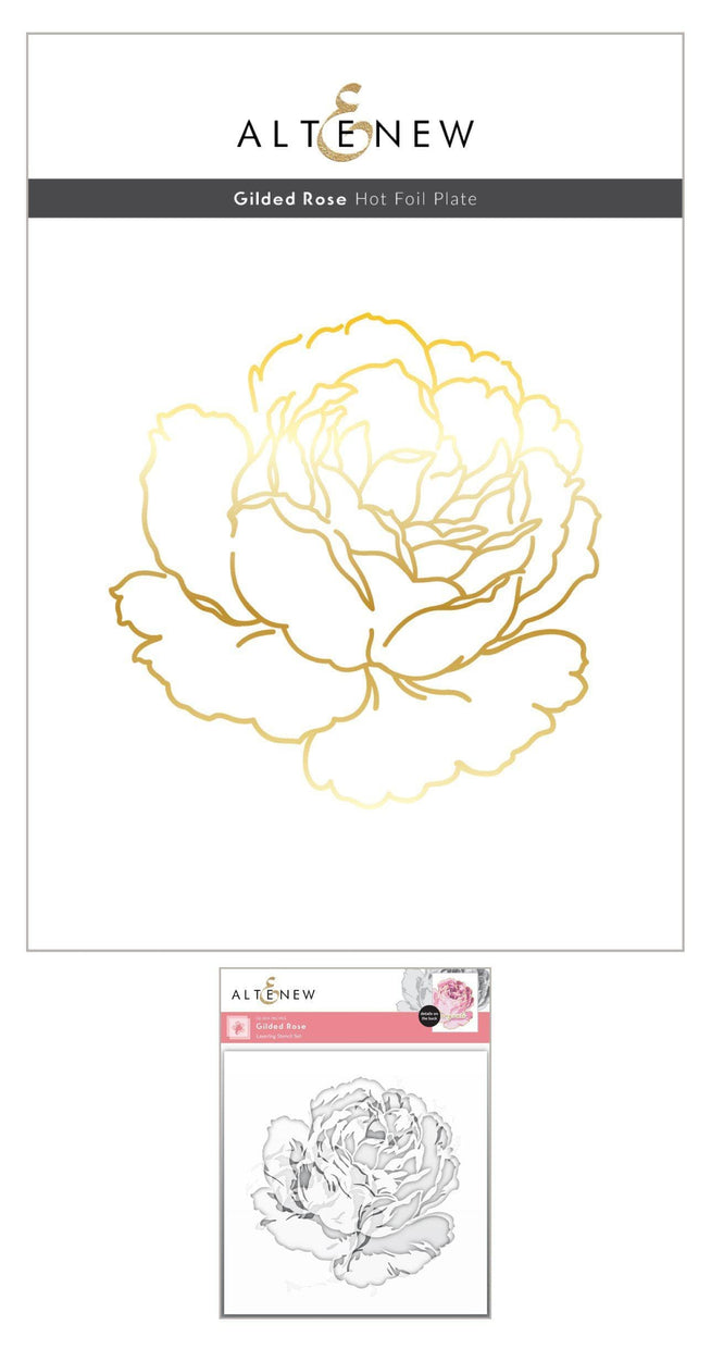 Altenew Gilded Rose hot foil plate and stencil bundle showing intricate floral design on a white background.