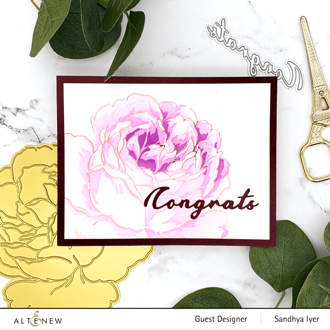 Altenew Gilded Rose hot foil plate and stencil bundle with intricate rose design on metallic gold background.
