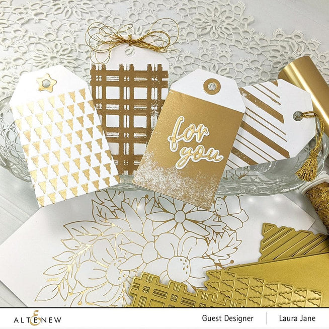 Altenew Tiny Festive Patterns Hot Foil Plate Set, 4-in-1, showcasing intricate holiday-themed foil plate designs for craft projects.