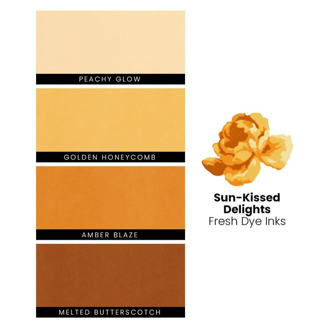 Altenew Sun-Kissed Delights Fresh Dye Ink bundle with vibrant ink pads in bright yellow and orange shades for stamping and crafting.