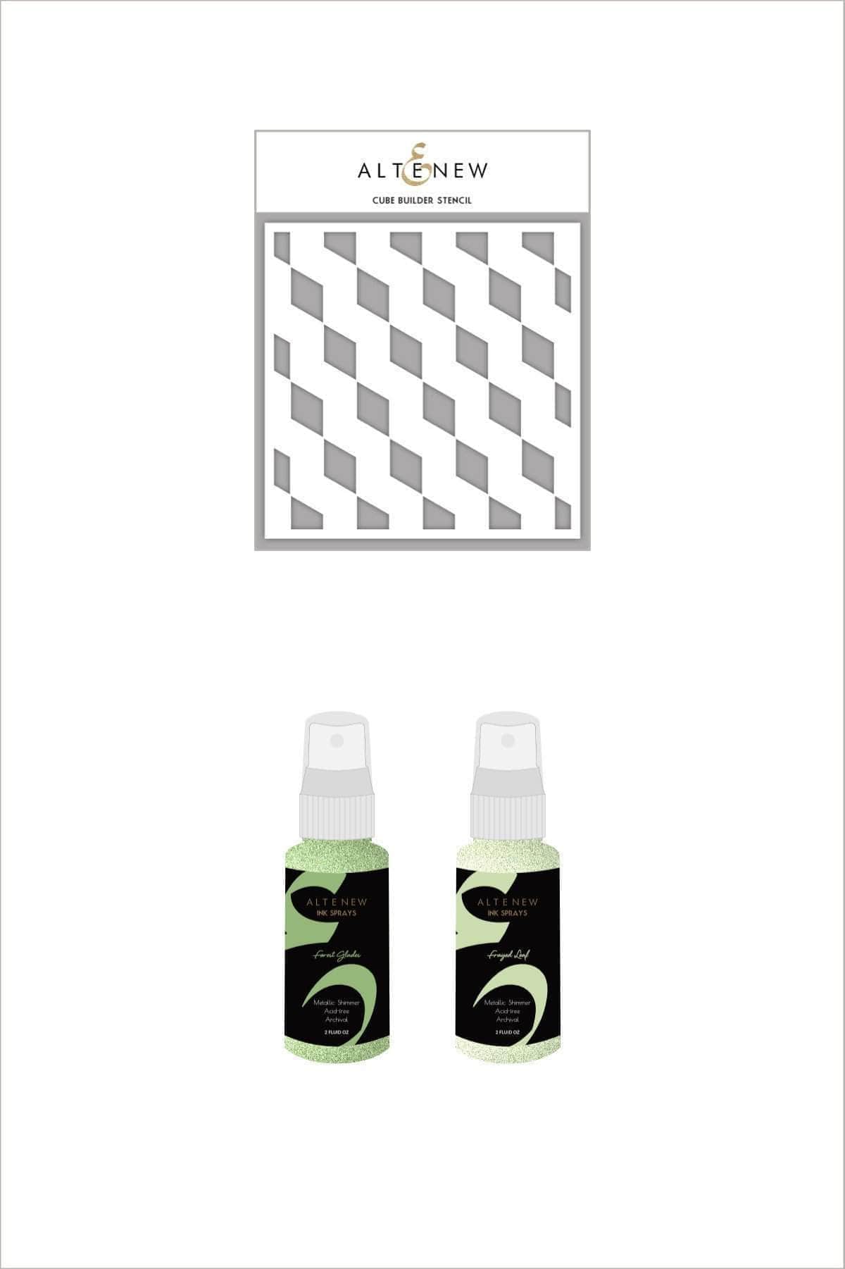 Altenew Ink Spray & Stencil Bundle Cube Builder Stencil w/ Frayed Leaf & Forest Glades Ink Sprays Bundle