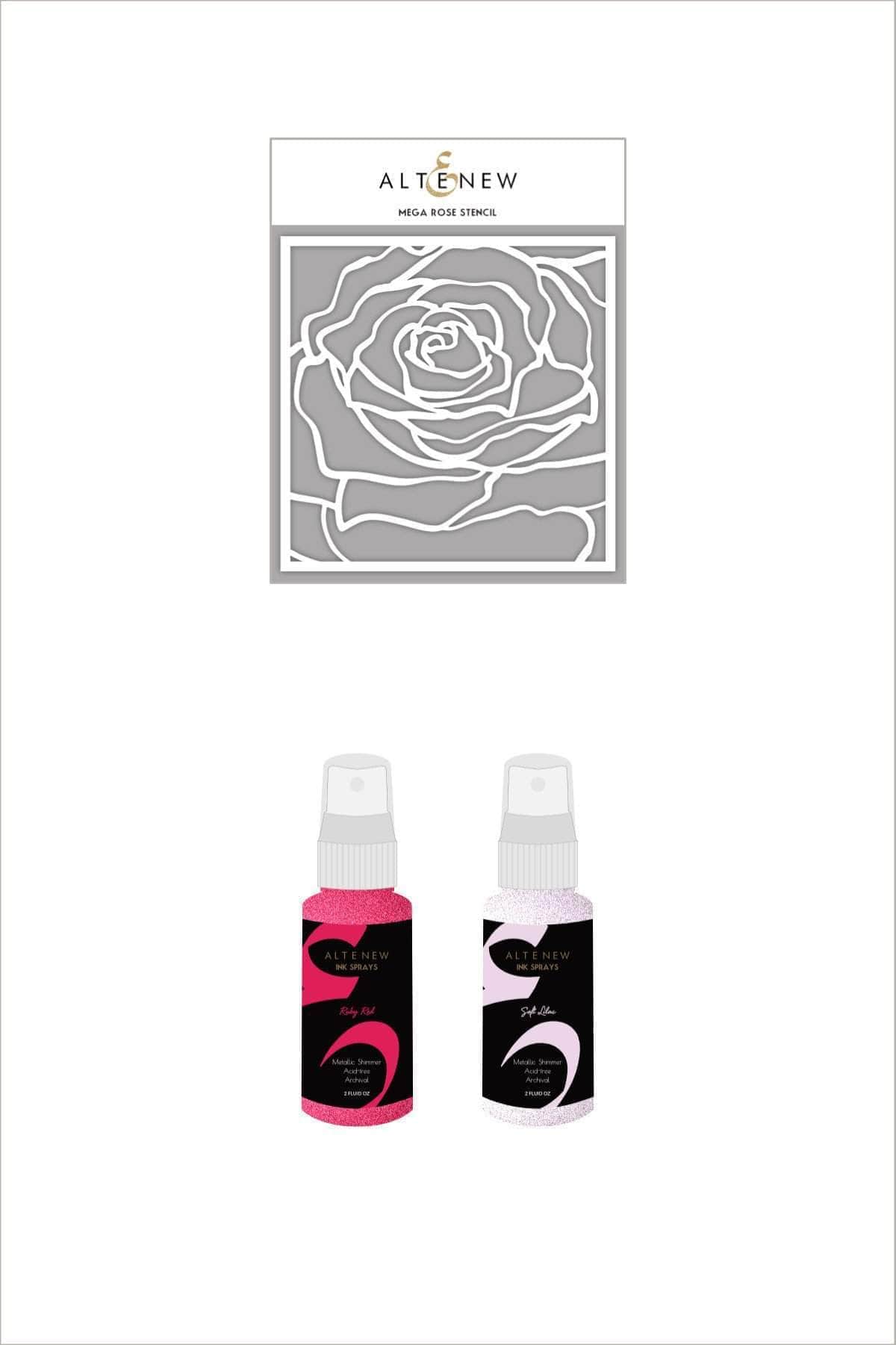 Altenew Ink Spray & Stencil Bundle Mega Rose Stencil w/ Ruby Red & Soft Lilac Ink Sprays Bundle