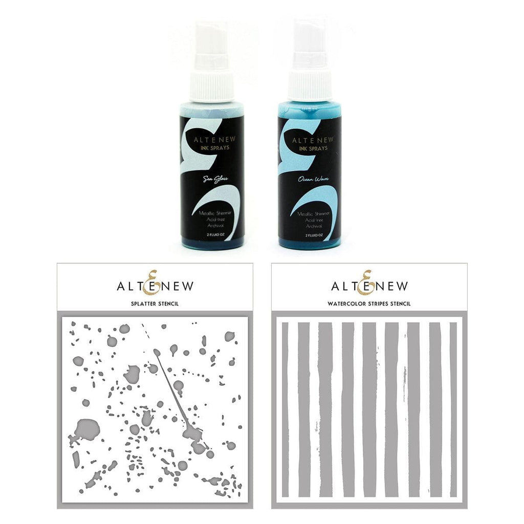 Splatter & Watercolor Stripe Stencils w/ Sea Glass & Ocean Waves Ink Sprays  Bundle