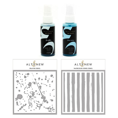 Altenew Ink Spray & Stencil Bundle Splatter & Watercolor Stripe Stencils w/ Sea Glass & Ocean Waves Ink Sprays Bundle