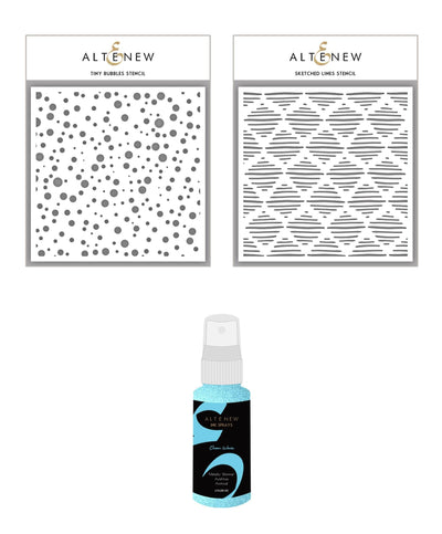 Altenew Ink Spray & Stencil Bundle Tiny Bubbles and Sketched Lines Stencils w/ Ocean Waves Ink Spray Bundle