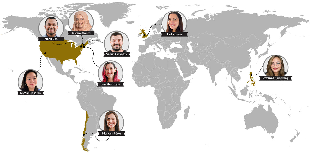 World map showing where each member of the Altenew leadership team is based: Nabil Rab, Tasnim Ahmed, Semir Kahvedzic, Jennifer Rzasa and Nicole Picadura in the USA, Lydia Evans in the UK, Maryam Pérez in Chile and Roxanne Queddeng in the Philippines