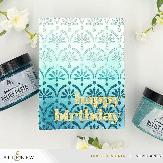 Altenew Gilded Elegance Shimmer Relief Paste Bundle with mixed media textures and shimmering gold accents on a craft surface.
