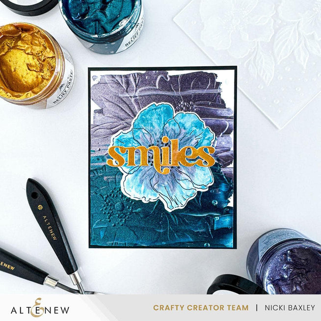 Altenew Gilded Elegance Shimmer Relief Paste Bundle with mixed media textures and shimmering gold accents on a craft surface.