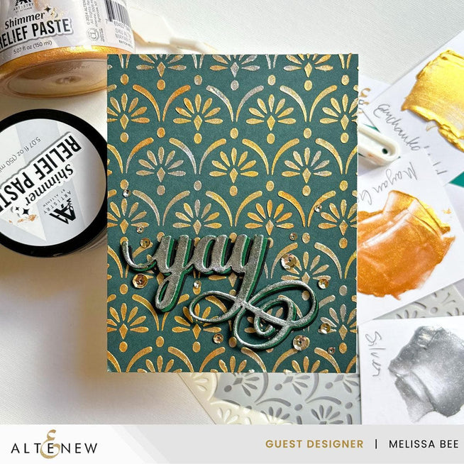 Altenew Gilded Elegance Shimmer Relief Paste Bundle with mixed media textures and shimmering gold accents on a craft background.