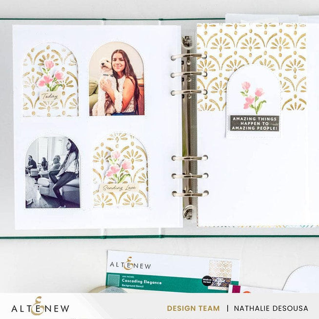 Altenew Gilded Elegance shimmer relief paste bundle with mixed media textures and gold accents on a craft surface.