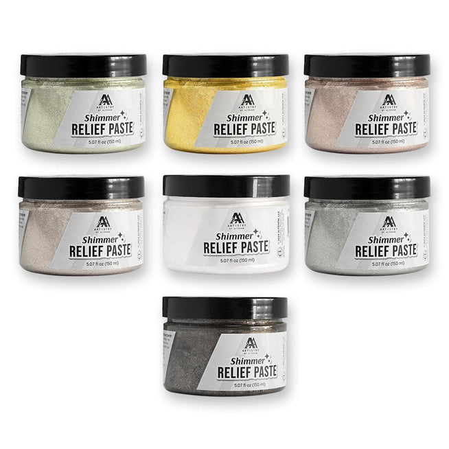 Altenew Brilliant Basics Shimmer Relief Paste Bundle with mixed-media shimmer relief pastes in various colors and textures.