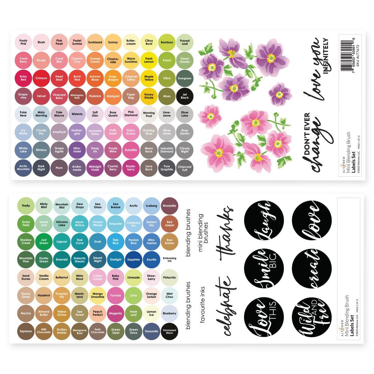 Misil Craft Decals Mini Blending Brush Label Set - All Crisp Dye Ink Colors (2 Sheets)