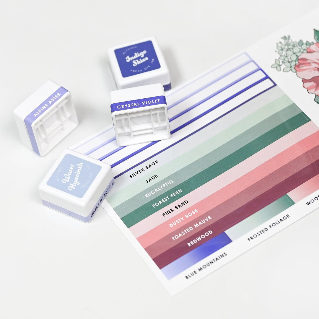 Misil Craft Decals Mini Ink Cubes Label Set - Blue Mountains, Frosted Foliage, Woodland Escape