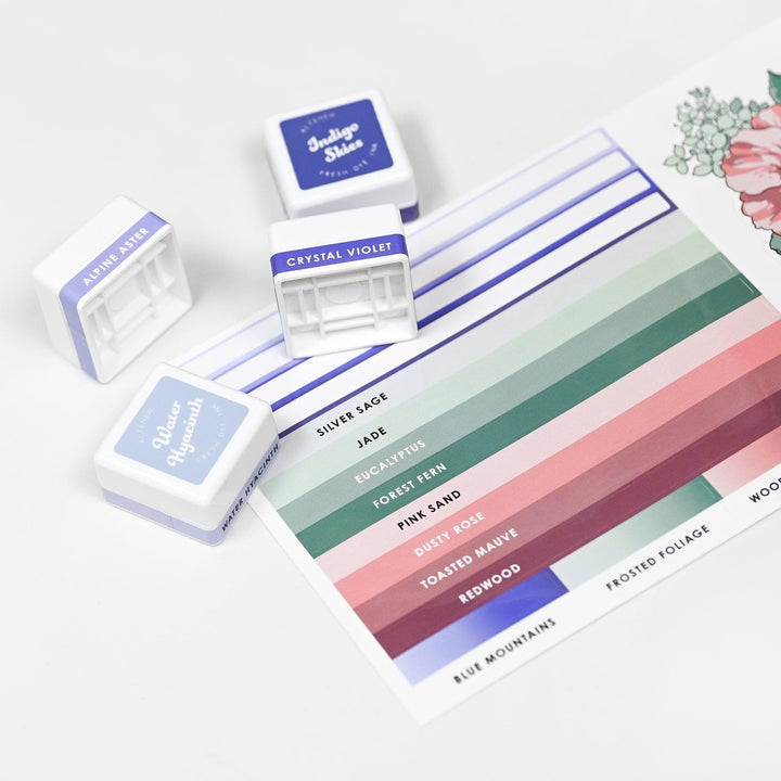 Misil Craft Decals Mini Ink Cubes Label Set - Blue Mountains, Frosted Foliage, Woodland Escape