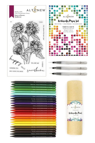 Altenew PAF & Watercolor Pencil & Brushes & Paper Set Sunny Doodles Woodless Watercolor Pencils Bundle