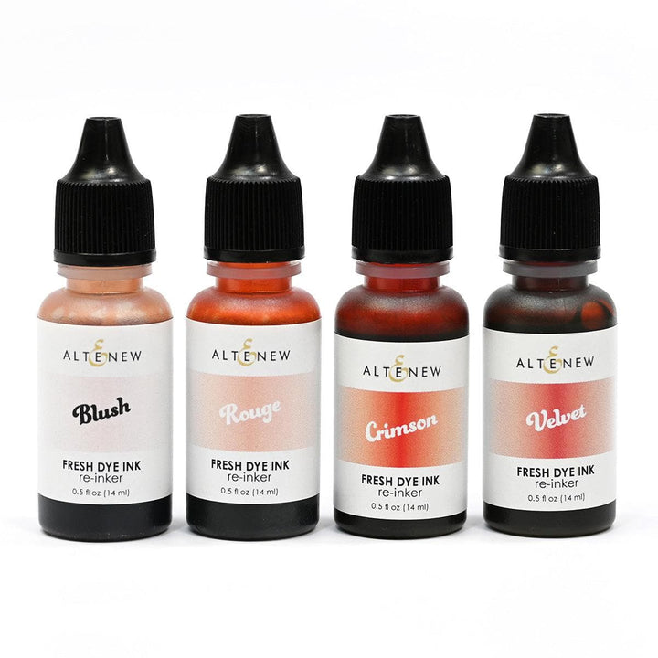 Altenew Red Sunset Fresh Dye Ink Reinker bundle featuring blush, rouge, crimson, and velvet ink bottles for vibrant stamping.