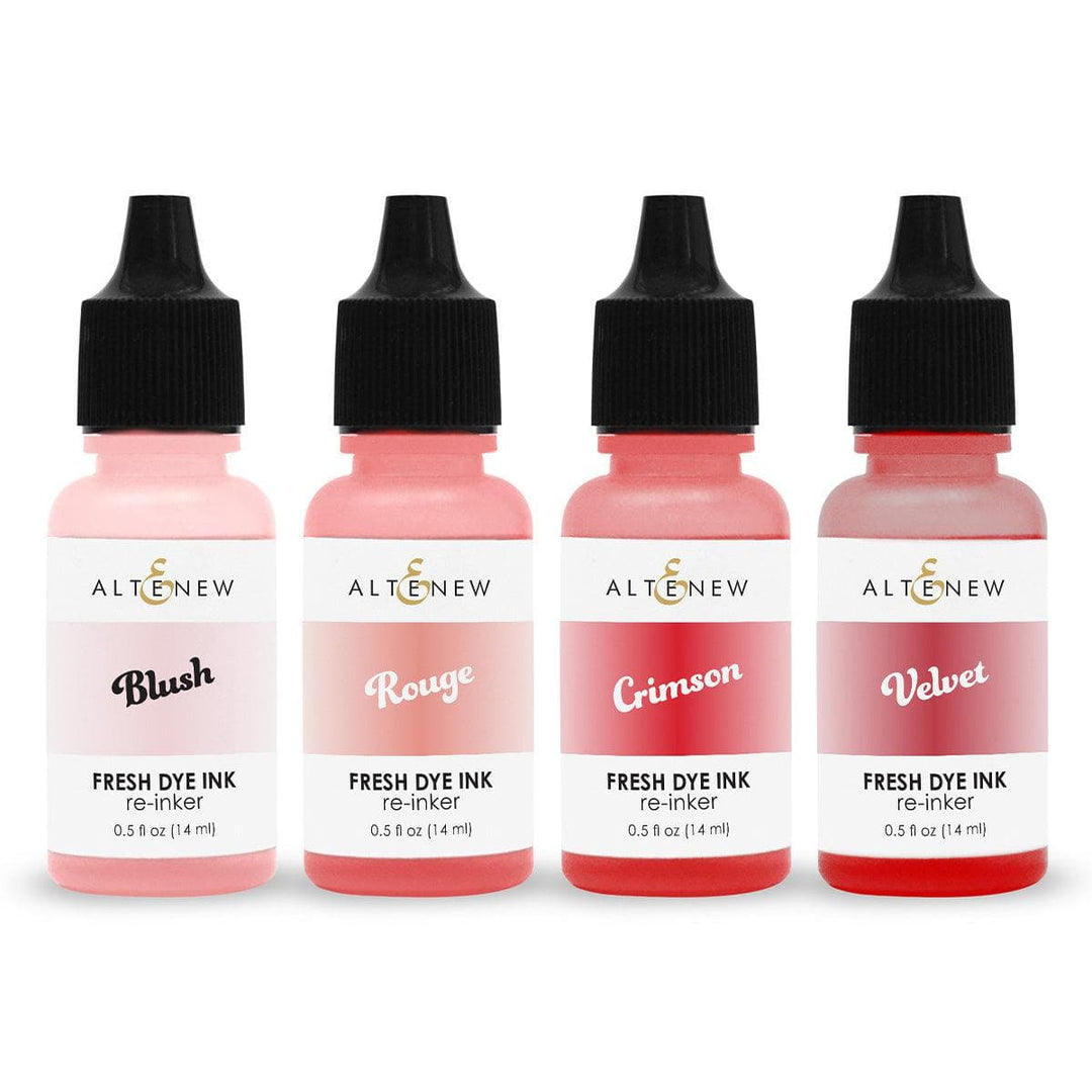 Altenew Red Sunset Fresh Dye Ink Reinker bottle with red, crimson, and blush ink shades for crafting and stamping projects.