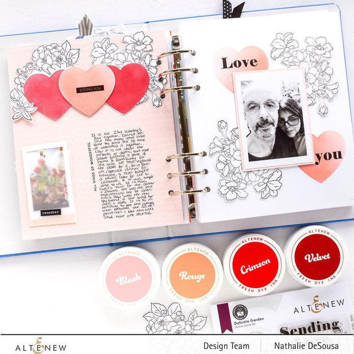Altenew Red Sunset Fresh Dye Ink Reinker bundle with shades of blush, rouge, crimson, and velvet for vibrant stamping and coloring.