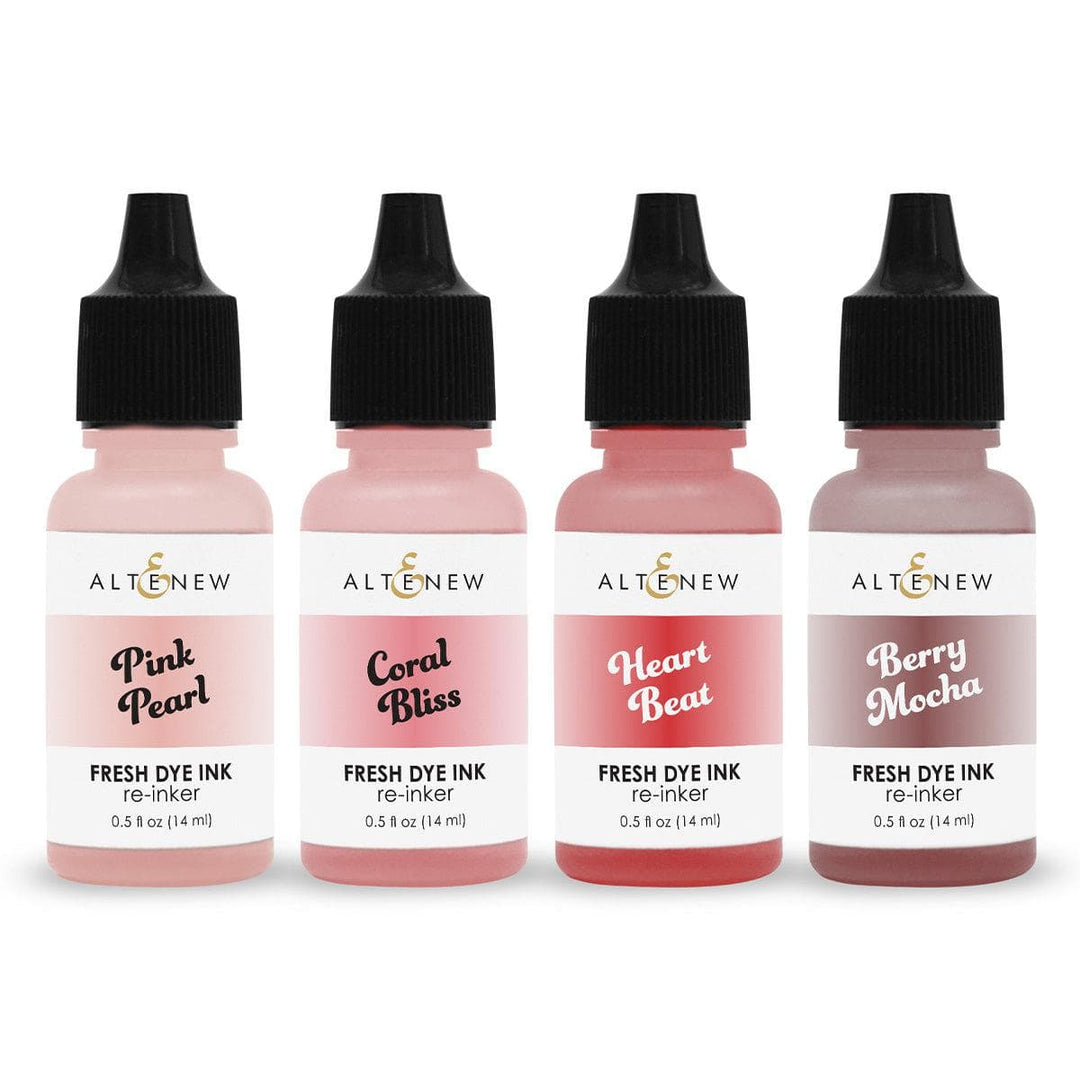 Altenew Tea Party Fresh Dye Ink Reinker bundle showing three small bottles with colorful labels for ink re-inking.