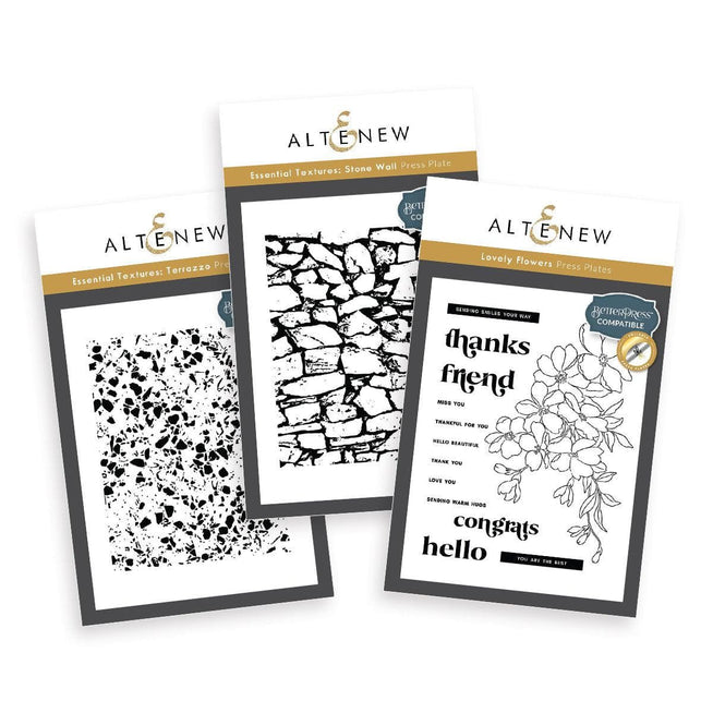 Altenew Texture and Blooms Betterpress Plates bundle for creating embossed floral and textured designs in crafting projects.