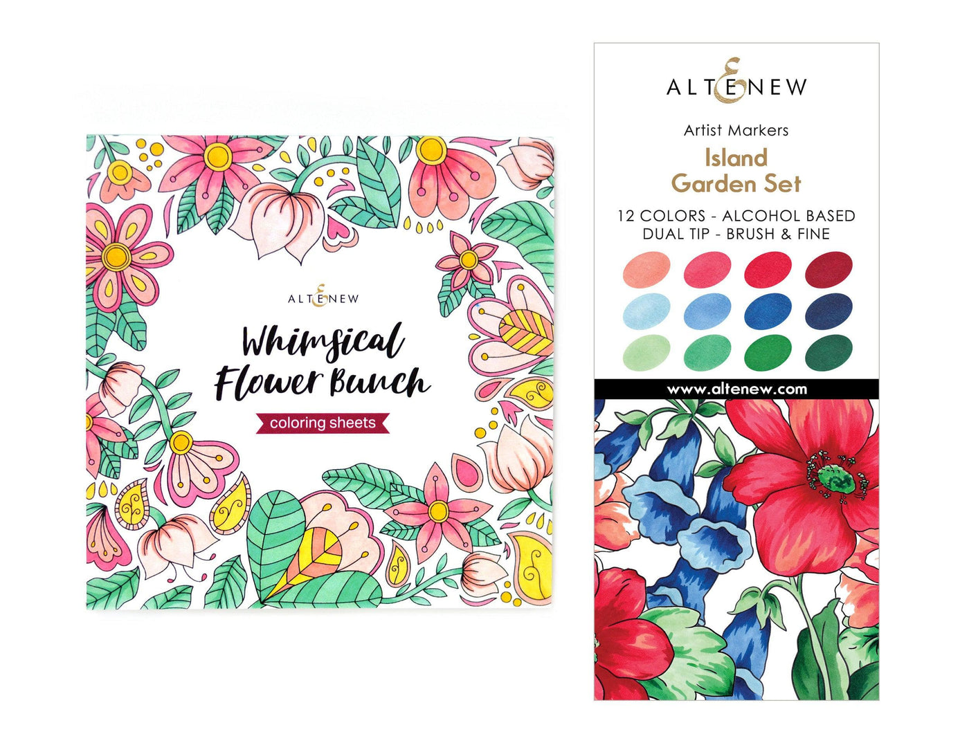 Altenew Release Bundle Island Garden Artist Alcohol Markers Set & Coloring Sheet Bundle