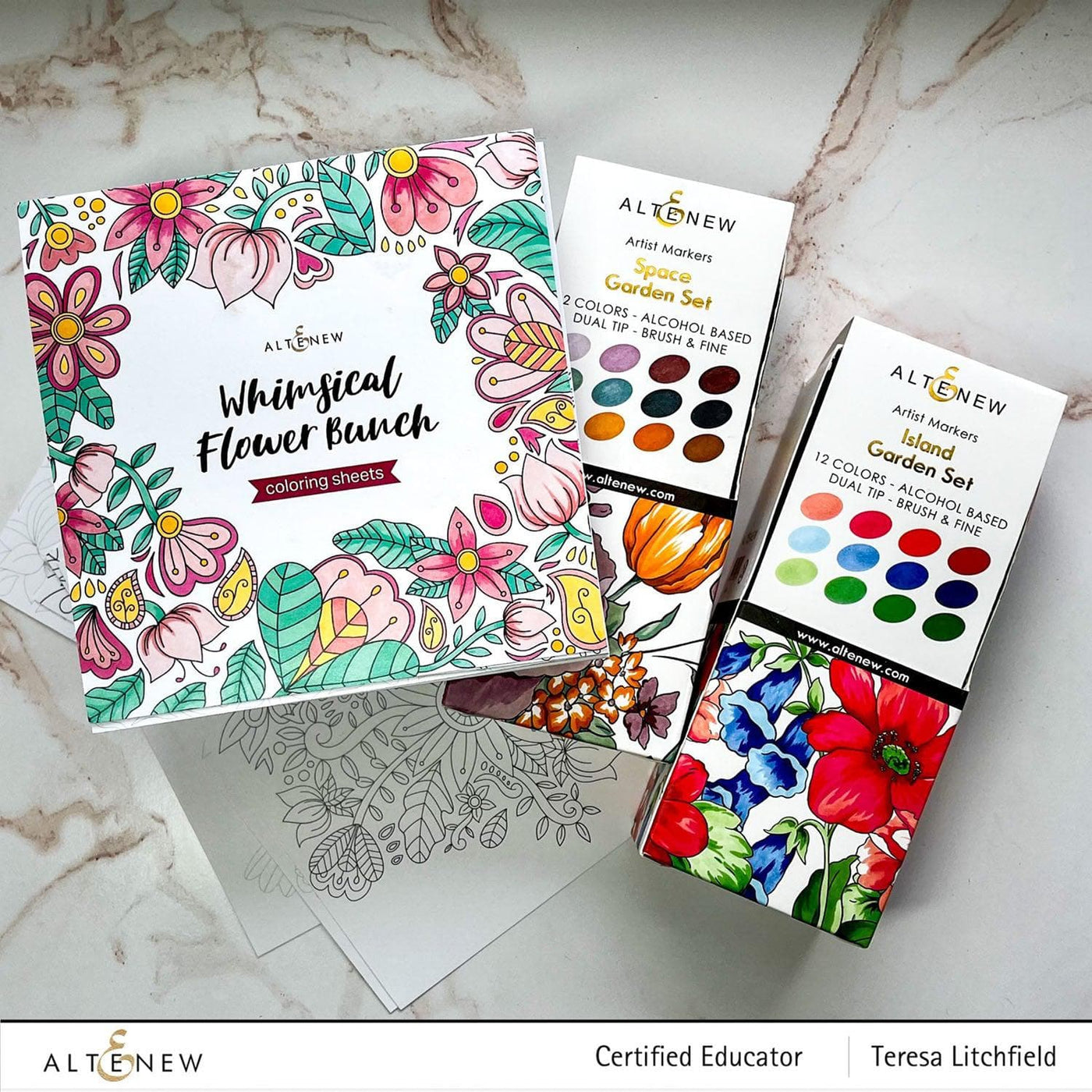 Altenew Release Bundle Island Garden & Space Garden Artist Alcohol Markers Set & Coloring Sheet Bundle