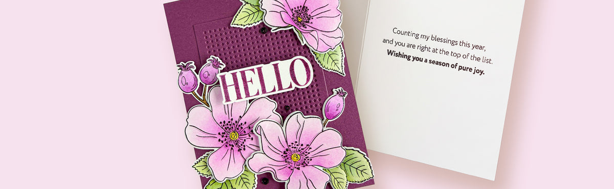 Floral stamped HELLO card with pink blossoms