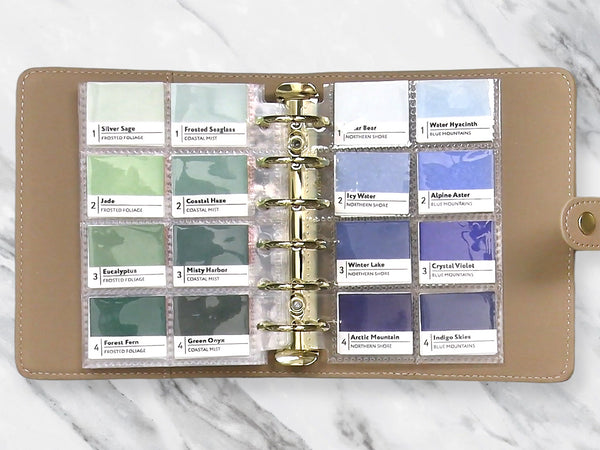 Slide your ink swatches into the pockets to build your organized color library.