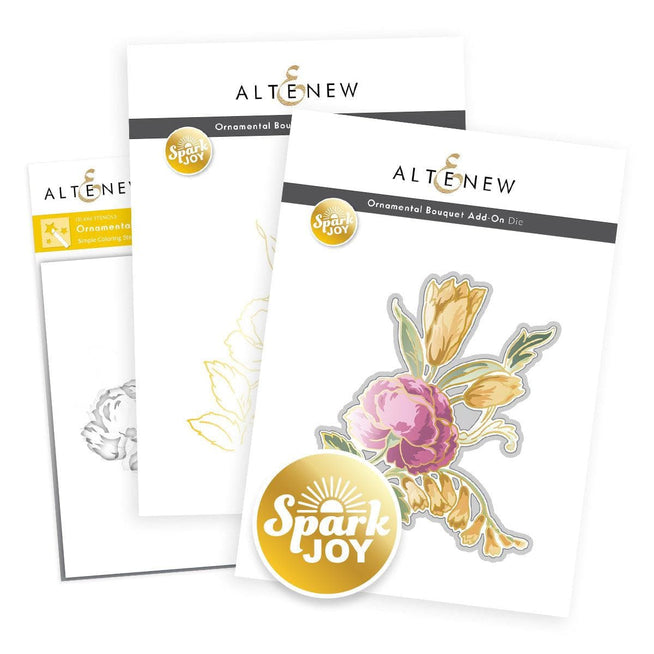 Altenew Spark Joy Bundle with ornamental bouquet and add-on die set, featuring intricate floral designs and cutting dies.