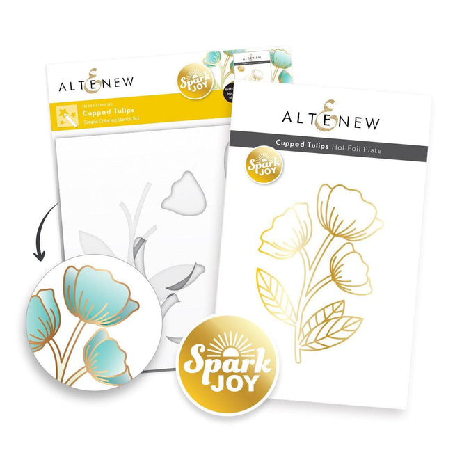 Altenew Spark Joy Cupped Tulips floral stamp set featuring detailed tulip designs on a white background.