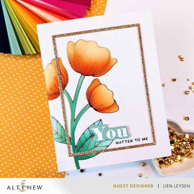 Altenew Spark Joy Cupped Tulips stamp set featuring detailed tulip illustrations in a colorful, artistic design.