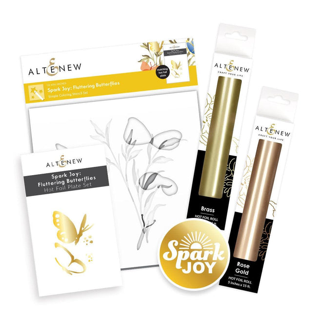 Altenew Spark Joy Fluttering Butterflies stamp set with detailed butterfly images for crafting and card making projects.