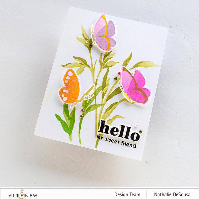 Altenew Spark Joy Fluttering Butterflies stamp set featuring detailed butterfly images on a white background.