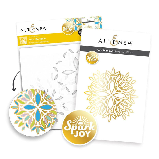 Altenew Spark Joy Folk Mandala coloring page featuring intricate, symmetrical folk-inspired patterns on white paper.