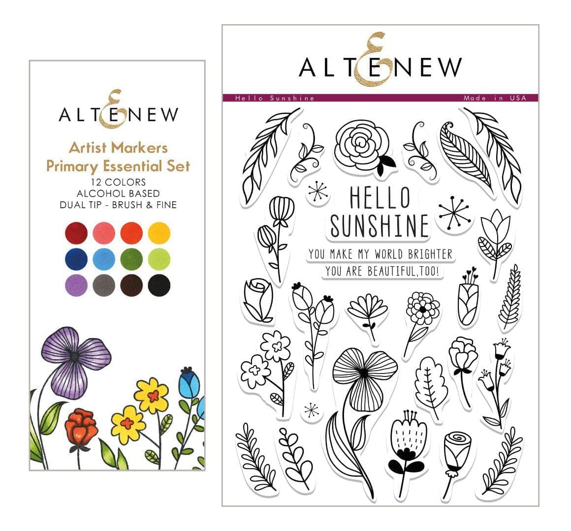 Altenew Stamp & Alcohol Marker Bundle Artist Alcohol Markers Primary Essential Set & Hello Sunshine Stamp Set Bundle