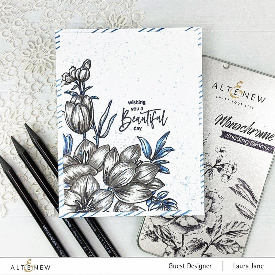 Altenew Stamp & Art Supplies Bundle Paint-A-Flower: Waterlily Dahlia & Monochrome Shading Pencils Bundle