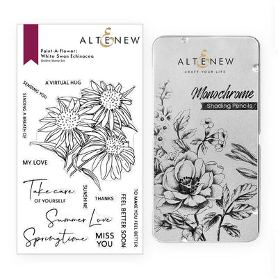 Altenew Stamp & Art Supplies Bundle Paint-A-Flower: White Swan Echinacea & Monochrome Shading Pencils Bundle