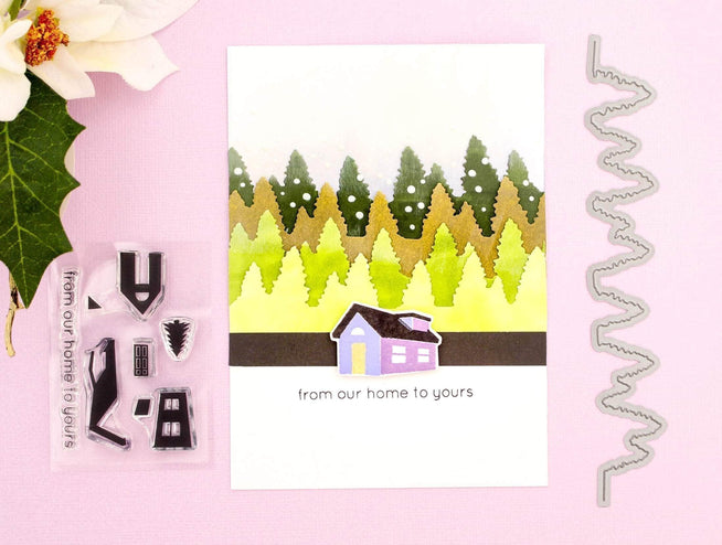 Altenew Houses as Homes Stamp Bundle showing various house illustrations and coordinating sentiments for crafting projects.