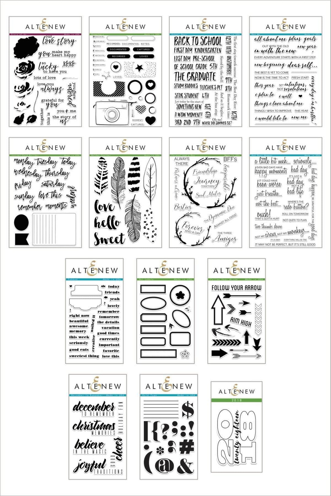 Altenew Snapshots of Our Story Stamp Bundle featuring various themed stamps for creative crafting and scrapbooking projects.