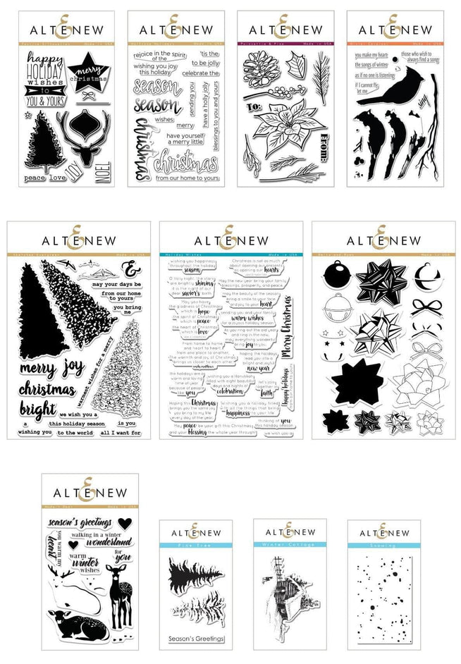 Altenew Ultimate Holiday Stamp Bundle with festive holiday-themed rubber stamps and intricate designs for holiday crafts.