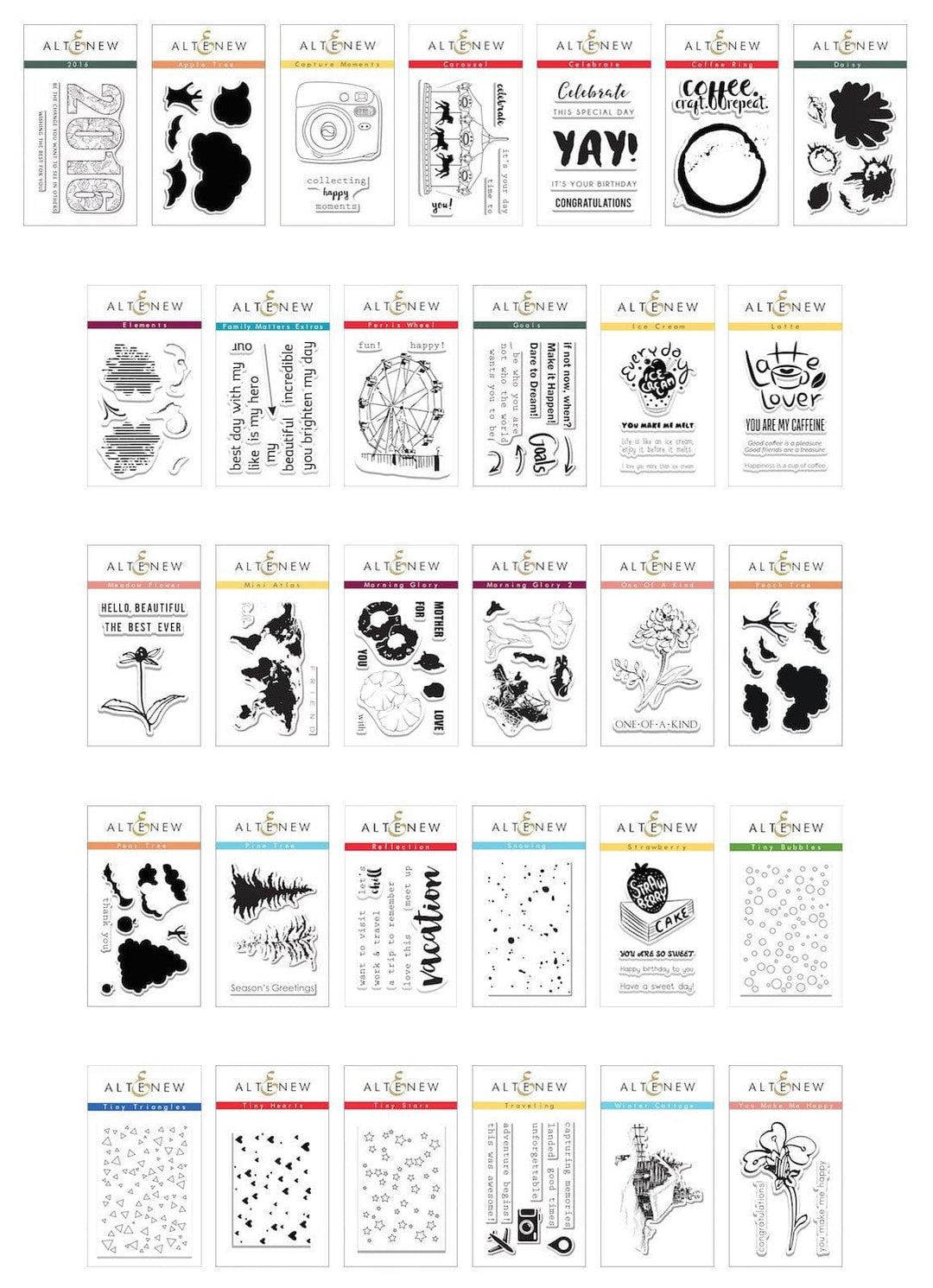 Altenew Ultimate Mini Stamp Bundle featuring various clear stamps with floral and decorative designs on transparent sheets.