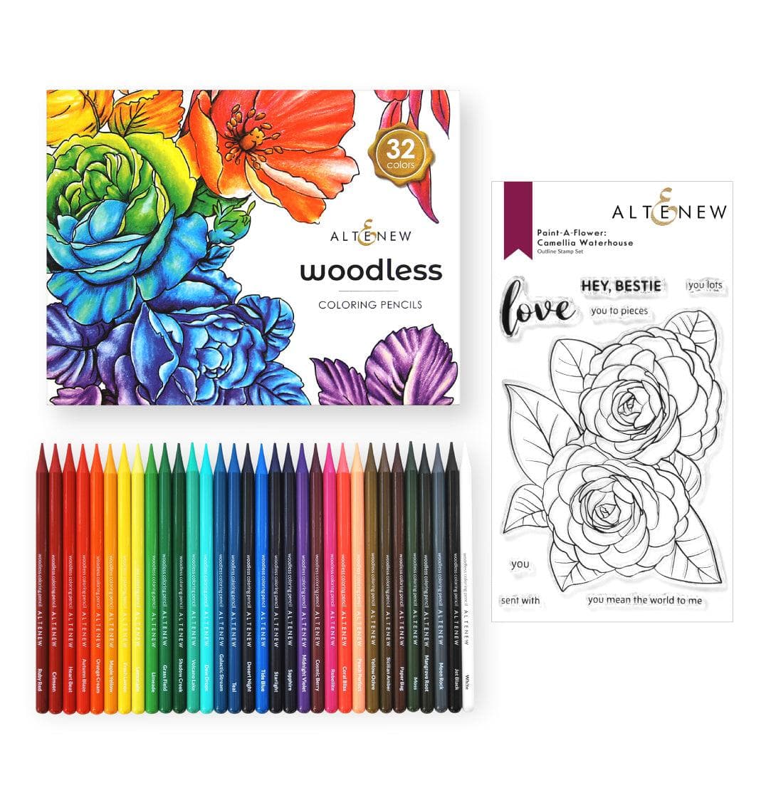 Altenew Stamp & Coloring Pencil Bundle Paint-A-Flower: Camellia Waterhouse & Woodless Coloring Pencils Bundle